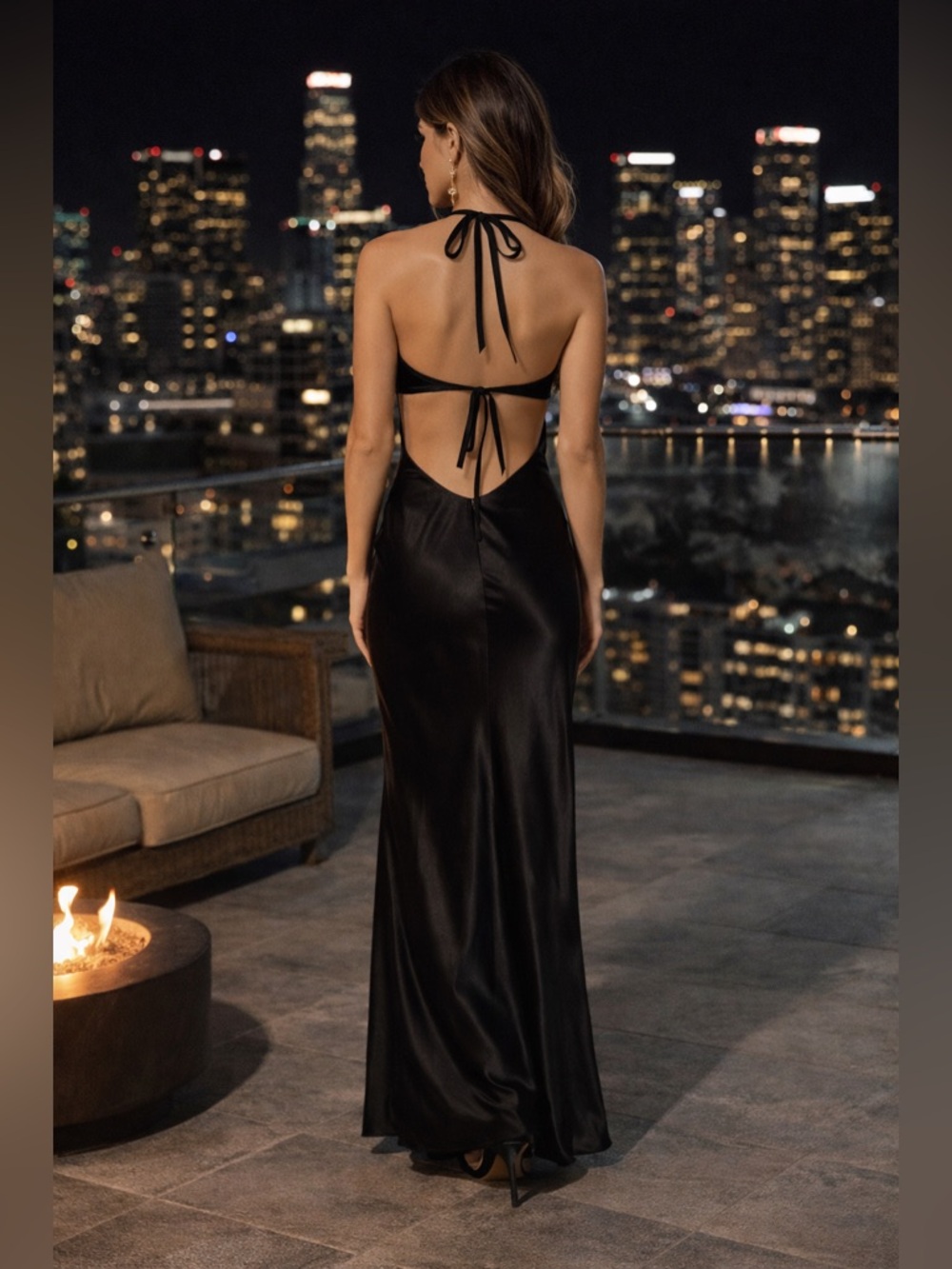 Retrofête Black Satin Halter Cutout Maxi Dress Medium Evening Gown - Picture 2 of 8